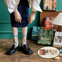 socks womens french light luxury niche medium tube socks long staple cotton literary oil painting style abstract trend socks