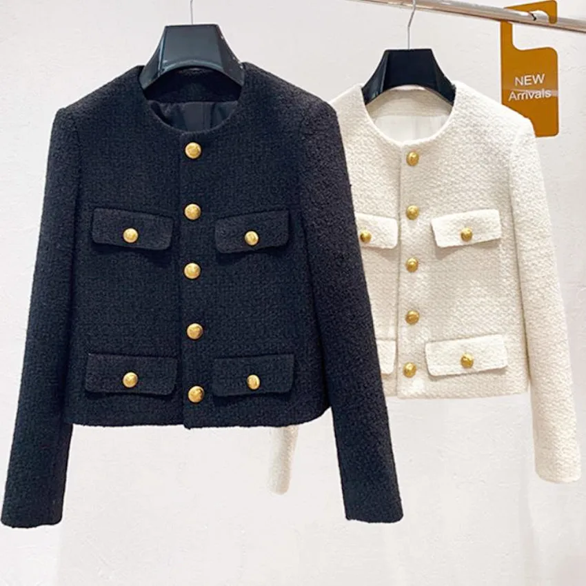 

French style autumn small fragracne tweed jacket women o-neck slim single breasted short outwear