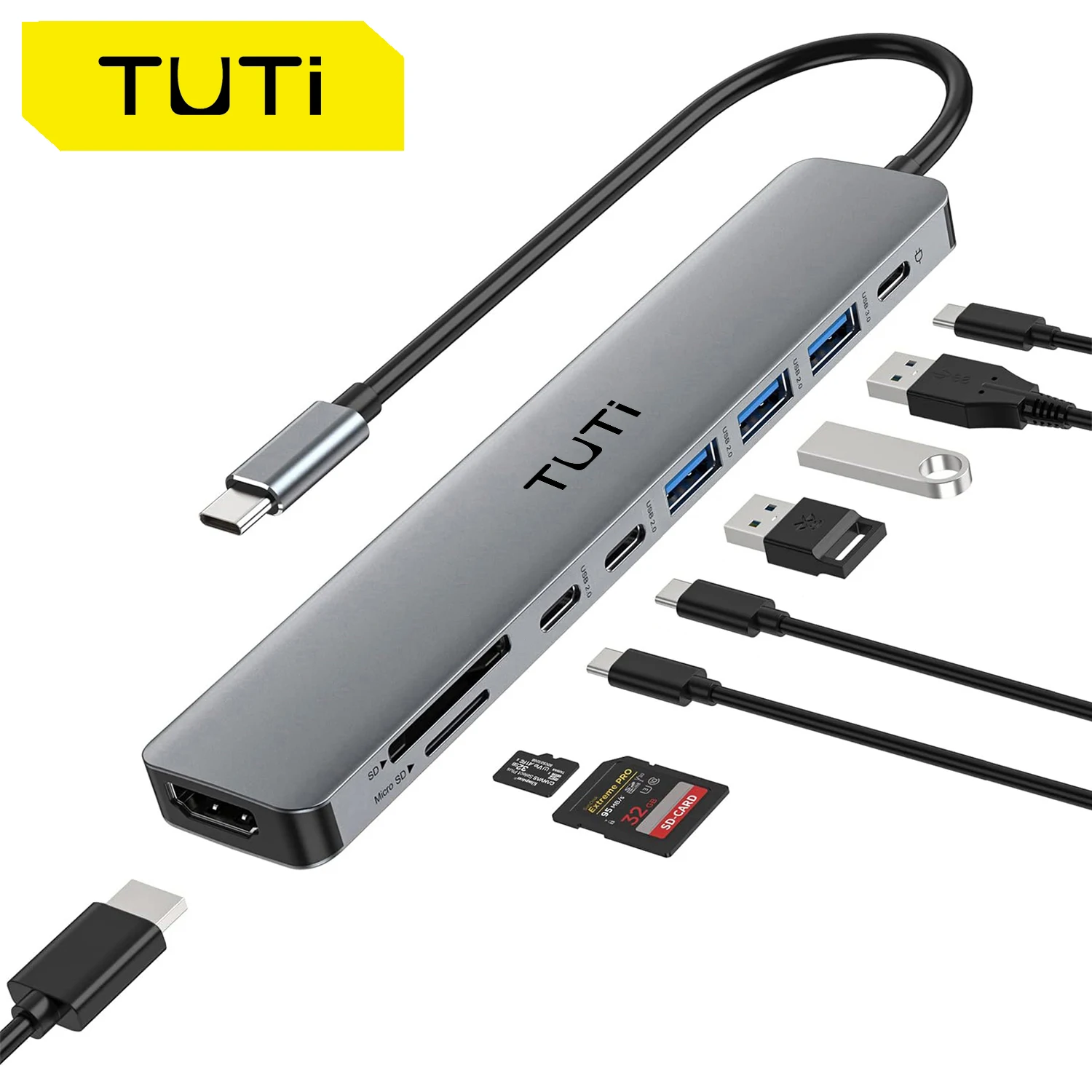 Концентратор Tuti USB C с многопортовым адаптером PD 1 USB3.0 и 2 USB2.0 совместимый
