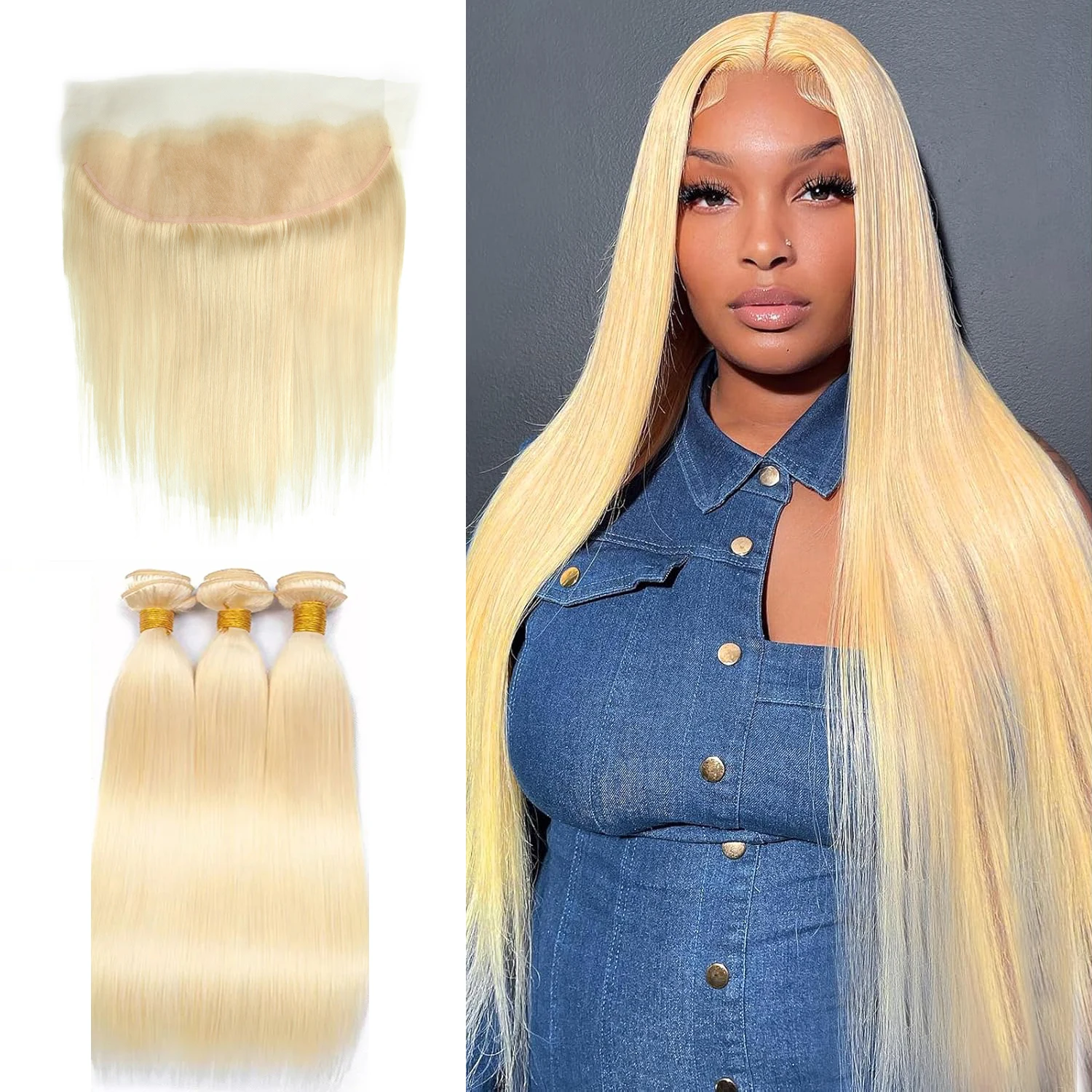 613 Прямые пучки с фронтальной застежкой 13×4 Кружевные фронтальные волосы от уха