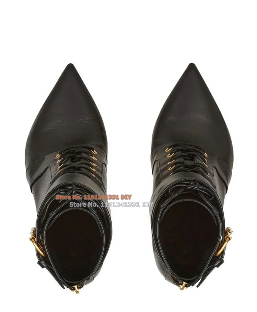 Black Leather Double Buckle Lace Up Short Boots Women Pointed Toe Gold Thin High Heel Bootie Party Shoes