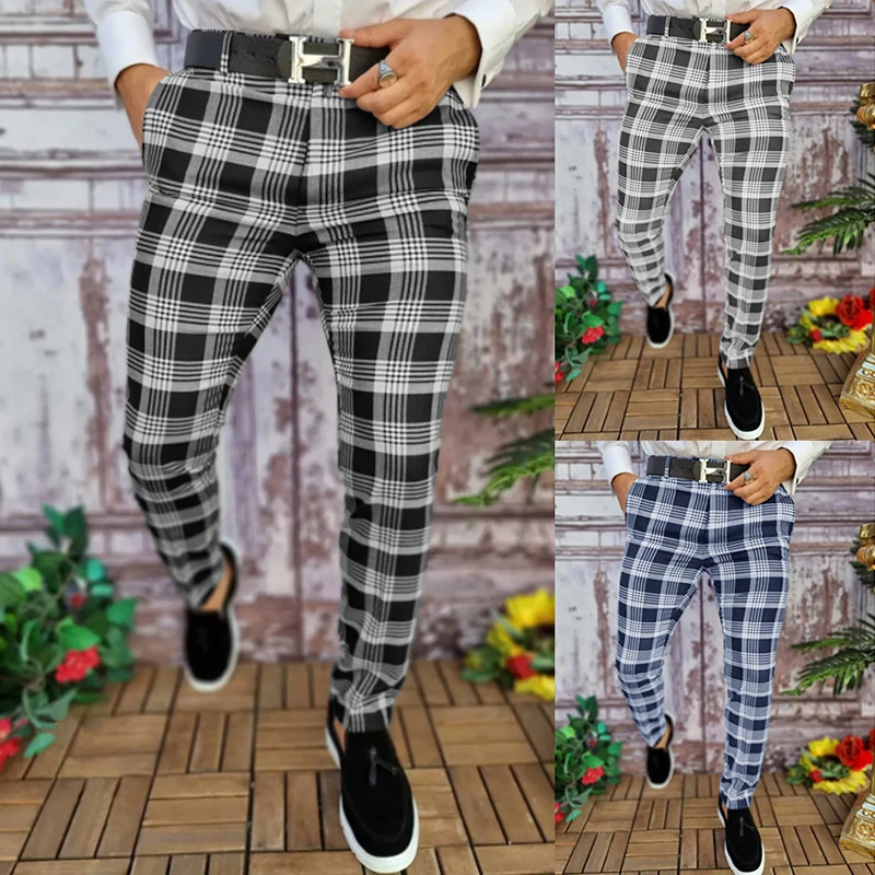 

New Fashion Mens Plaid Business Casual Long Pants Social Black Trousers Male Mid Waist Classic Print Office Work Clothing