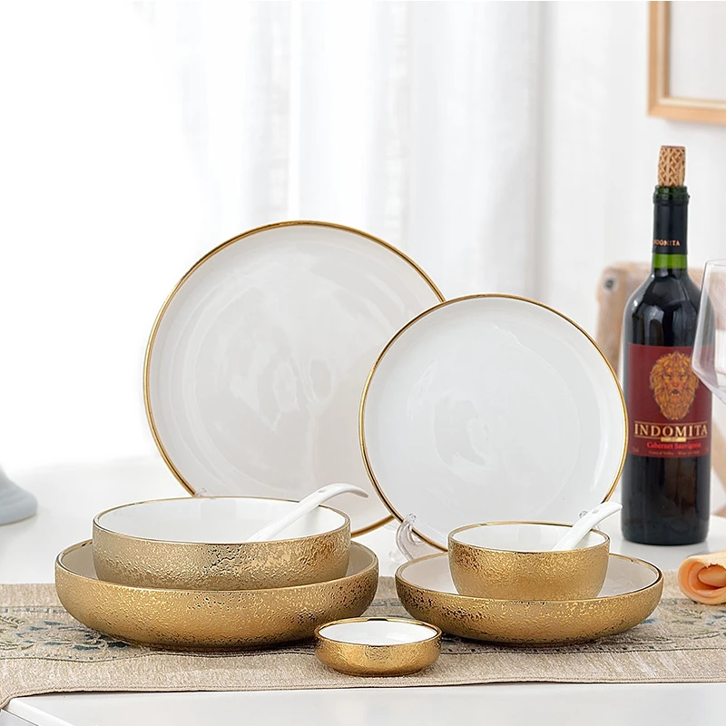 

Embossed gold ceramic plate elegant dinner plate rice salad noodles bowl soup steak tableware set