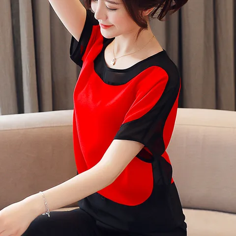 Summer Casual Chiffon Blouse Women Fashion Loose Office-Lady Tops Shirts Solid Short O-Neck Batwing Sleeve Blouses Blusas 3397