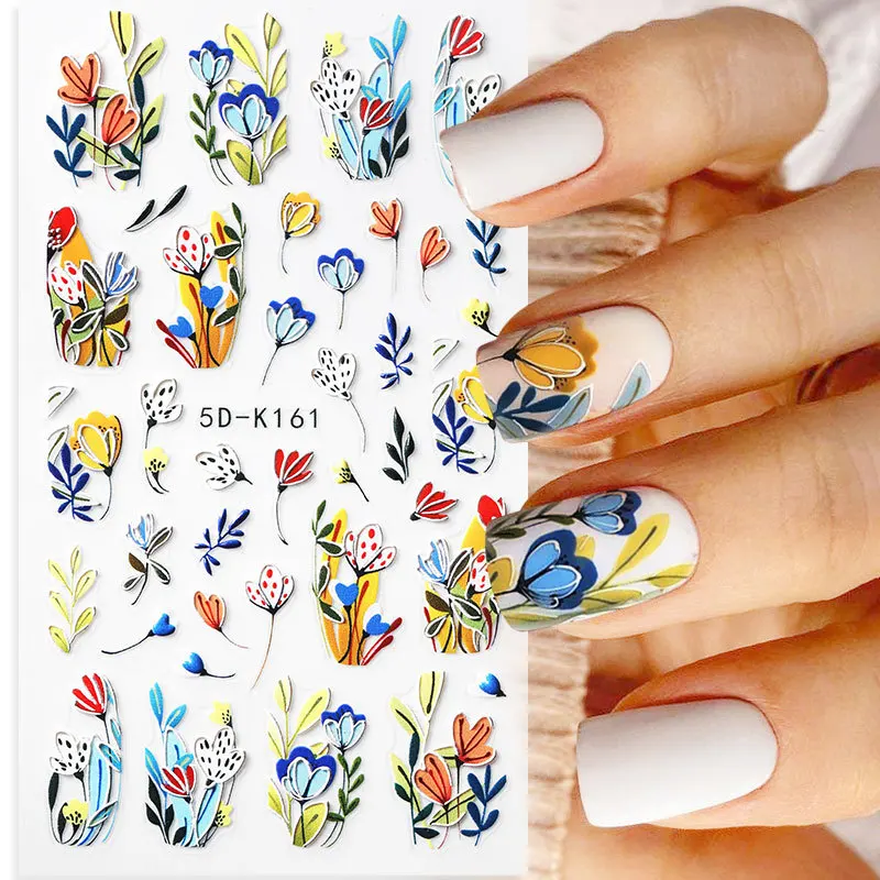 

5D Embossed Flower Nail Art Stickers White Lily Of The Valley Dreamcatcher Wedding Bride Manicure Engraved Slider Tips