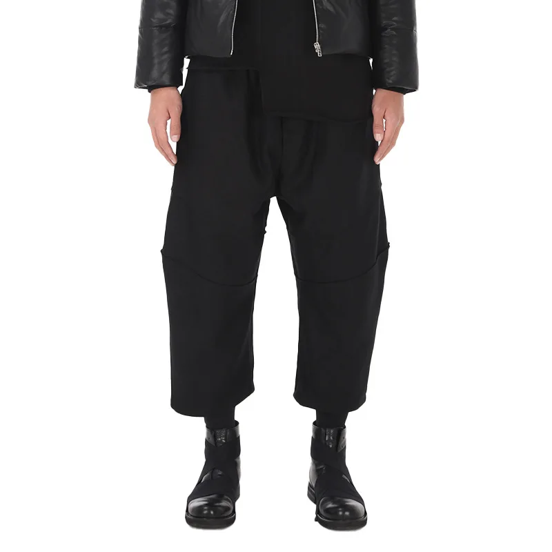 Men's Cropped Pants Black Tweed Patchwork Casual Pants Autumn/winter Streetwear Men's Dark Culottes Yamamoto Style
