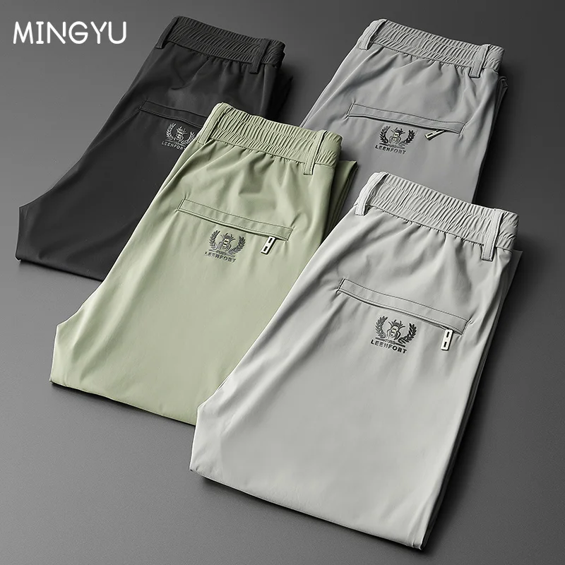 

2022 Summer Men's Casual Pants Thin Soft Sports Zip Pocket Korea Grey Black Elasticity Lace-up Waist Jogging Work Trousers Male
