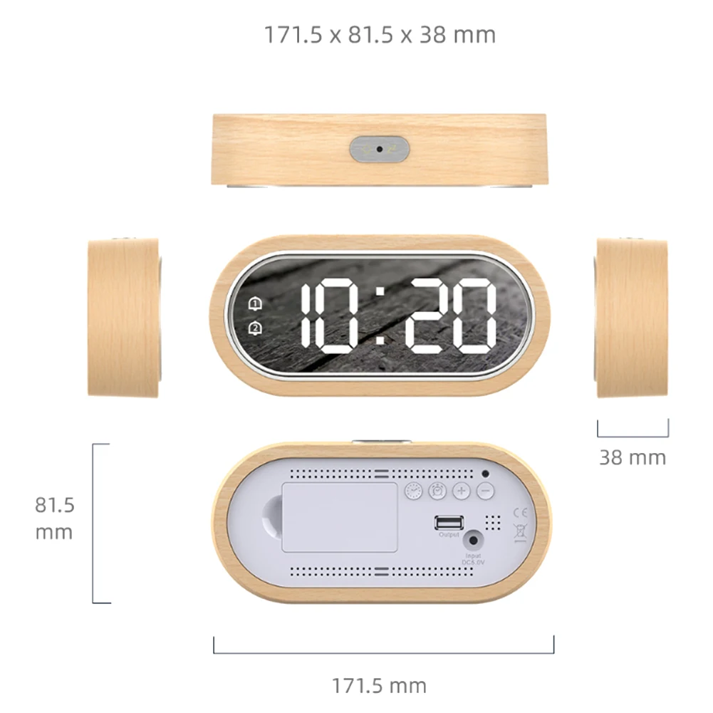 

LED Alarm Clock Wood Digital Thermometer Indoor Temperature Dual Alarms Snooze Phone USB Charger Home Bedroom Table