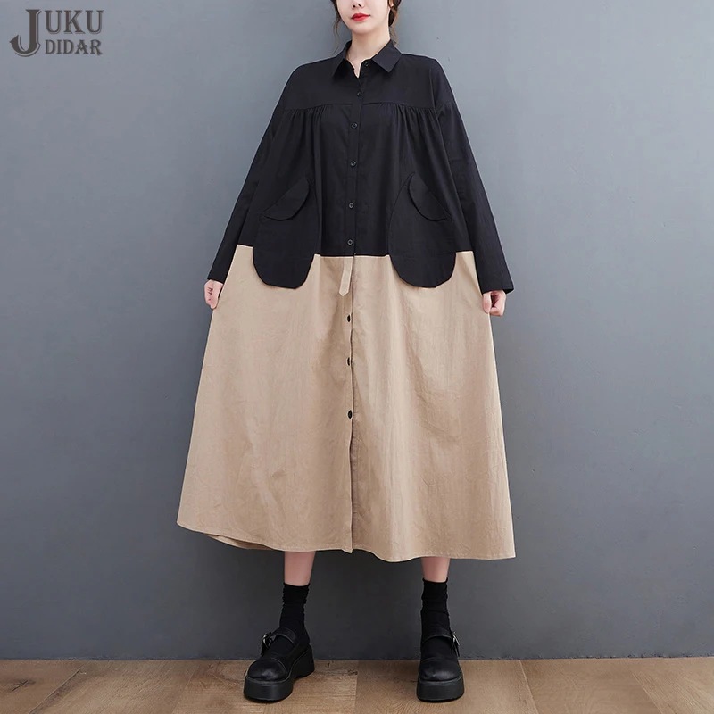 

Женское платье-рубашка в стиле Харадзюку, повседневное свободное платье большого размера с длинным рукавом, черного, бежевого цветов, модел...