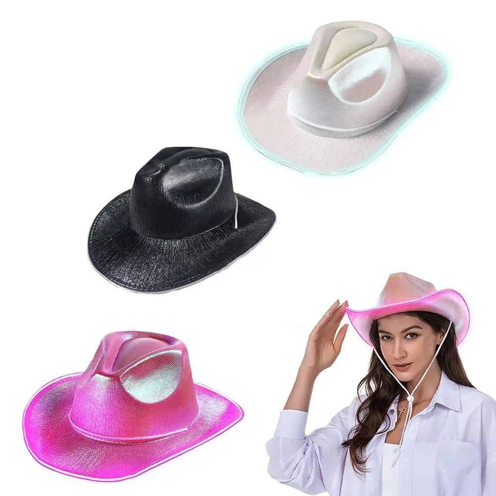 

Western Style Cowgirl Hat Retro Style Sequins LED Light Brim Jazz Top Hat Birthday Party Nightclub Felt Cowboy Cap For Men Women