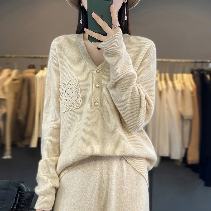 Женский кашемировый свитер V-образный вырез вязание крючком на пуговицах