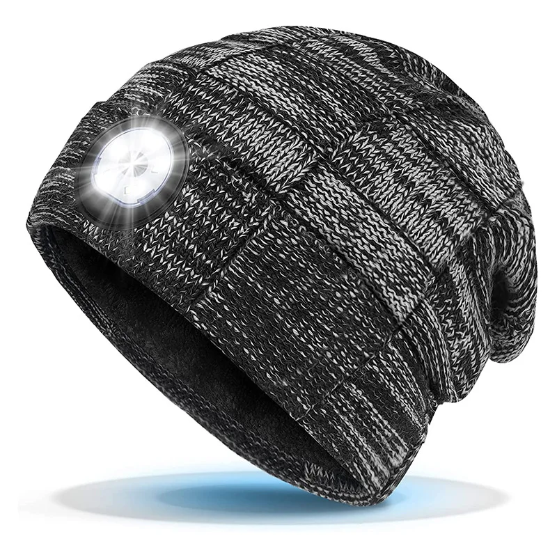 

2023 New Led Fishing Camping Hiking Alone Outdoor Lighting Knitted Hat Rechargeable Detachable Washable Plush Warm Headwear Lamp