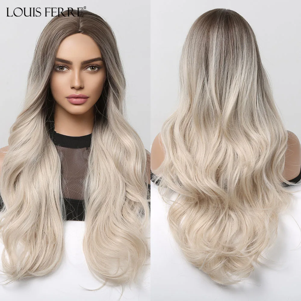 

LOUIS FERRE Synthetic Platinum Wigs for White Women Long Wave Light Blonde Wig Fake Hair for Party Daily Heat Resistant Fibre