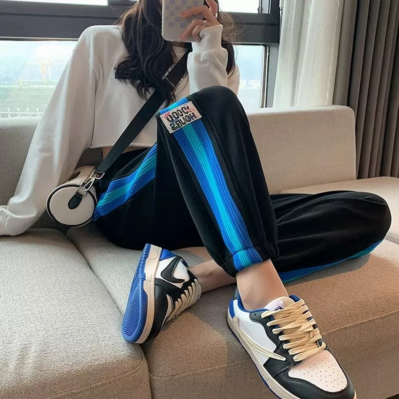 

2022 Sport Pants For Women Hiphop Striped Patchwork Harem Pants Fall Casual Trousers Elastic Waist Loose Pants Female P9364