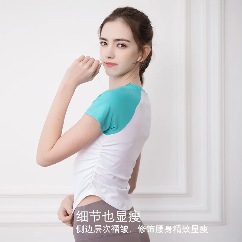 Yoga Fitness Suit Summer New Women's Top Tight And Wrinkled Slimming And Waist Tightening Exercise Round Neck Contrasting Color