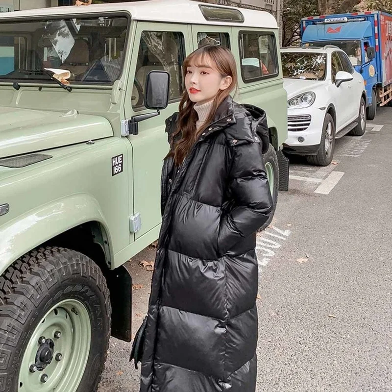 Fashion Off-season Shiny Down Padded Jacket Black Parka Coat Women's  Thick Winter Hooded Loose Long Coat Women's Warm Jacket