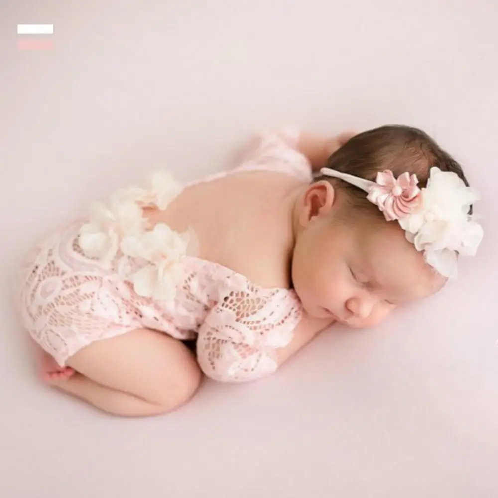 

Newborn Infant Baby Flower Headband Backless Hollow Bowknot Lace Romper Set Babies Accessories Newborn Photography Props