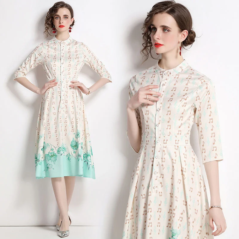 

Spring and summer 2022 new mid length waist slim A-line skirt print dress