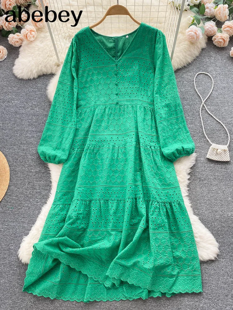 

Женское кружевное платье с вышивкой, белое/зеленое/Красное длинное платье макси с длинным рукавом, вечерние тажное вечернее пляжное платье ...