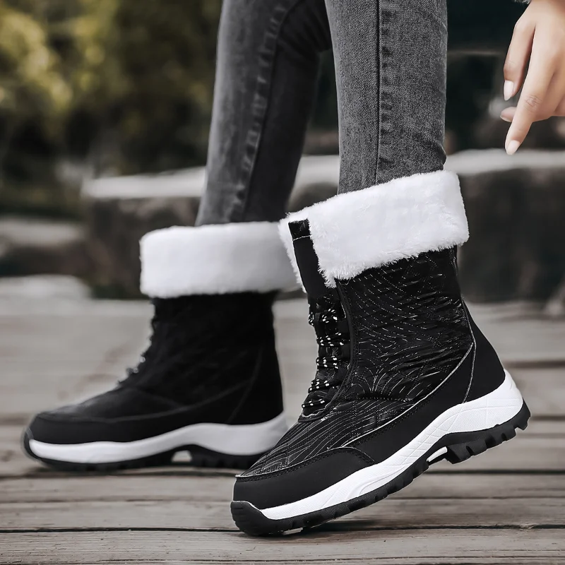 Winter Women Boots Outdoor Trendy Black Ankle Boots Waterproof Snow Boots Female Warm Fur Fashion Boots Platform Mid Calf White