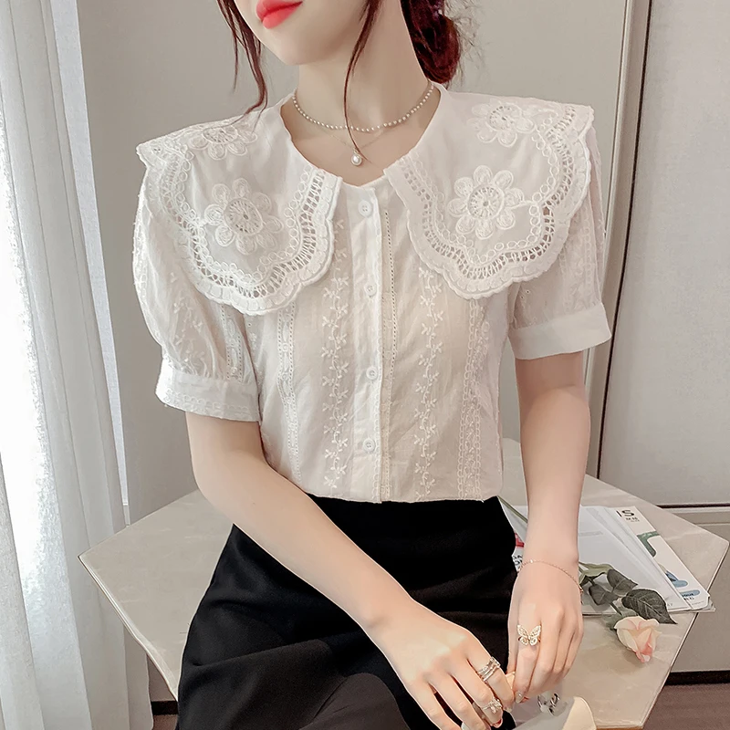 Блузка женская с цветочным принтом шикарная ажурная белая рубашка кукольным