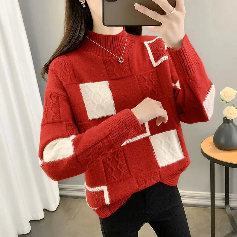 

Women Sweater Autumn Winter Fashion Tops New Colorblock Plaid Knitted Pullovers Half Collar Retro Warm Sweaters Female 2023