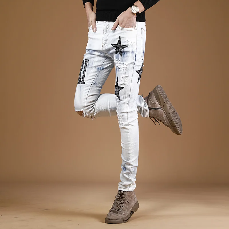 Джинсы мужские новинка весны 2022 леггинсы с принтом облегающие модные корейские