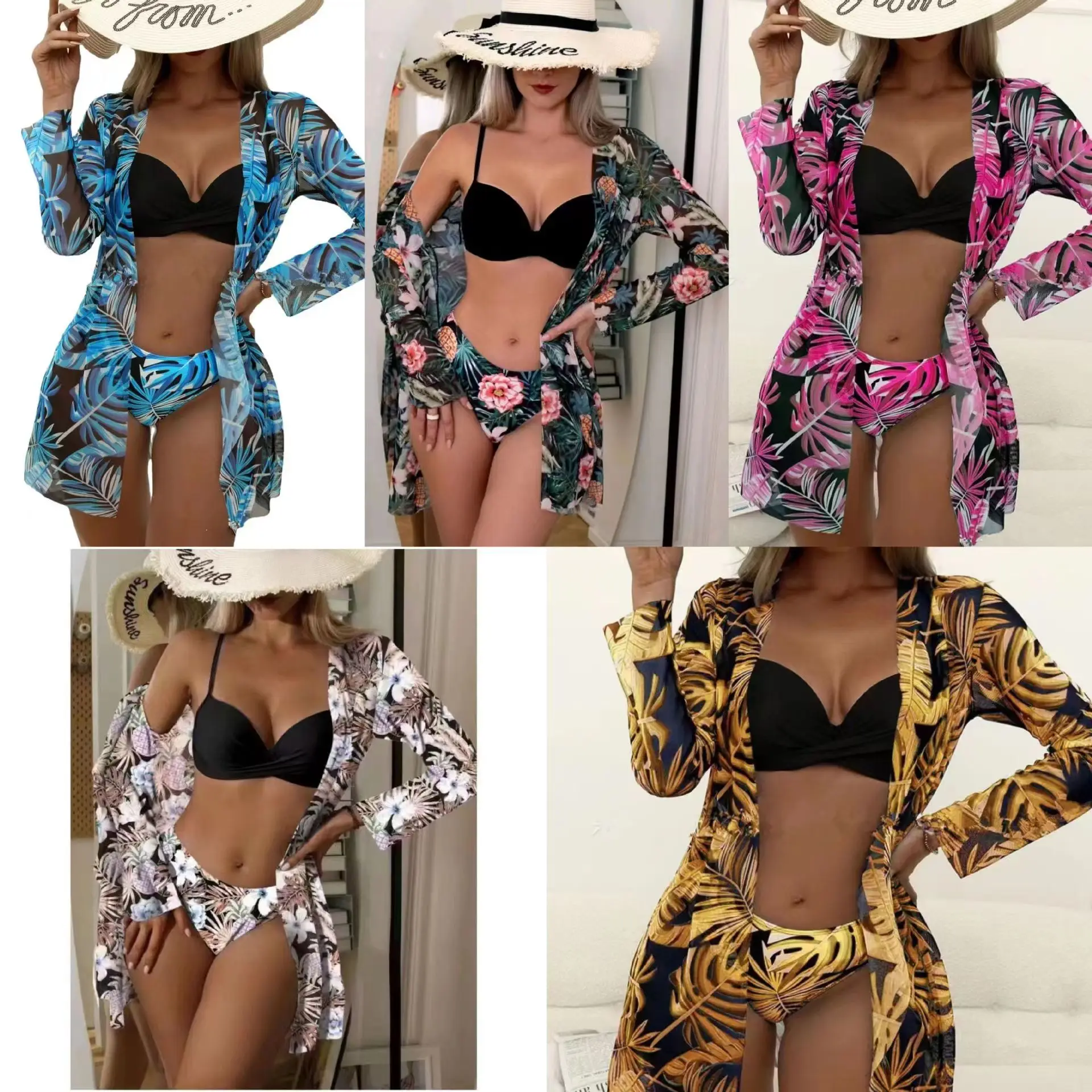 

New Sexy Three-Piece Mesh Cape Print Bikini Swimwear Set for Women Includes shorts bra gauze