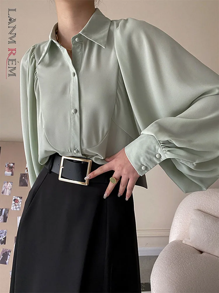 

LANMREM Lantern Sleeve Shirring Shirts For Women Single Breasted Turn-down Collar Solid Color Tops 2022 Spring Female 2N642