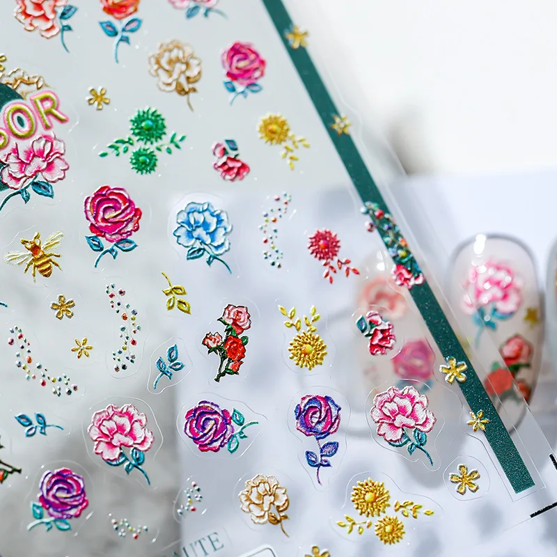 

Peony Blooming Various Colors Flowers Bee 5D Soft Relief Self Adhesive Nail Art Decoration Stickers Rose Sunflower 3D Nail Decal