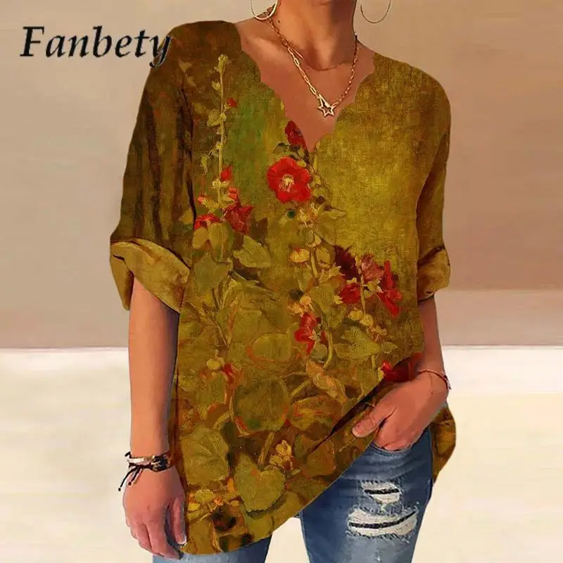 

Блузка женская с V-образным вырезом, модный винтажный пуловер с длинным рукавом, топ с принтом, Повседневная Свободная уличная одежда, на лето