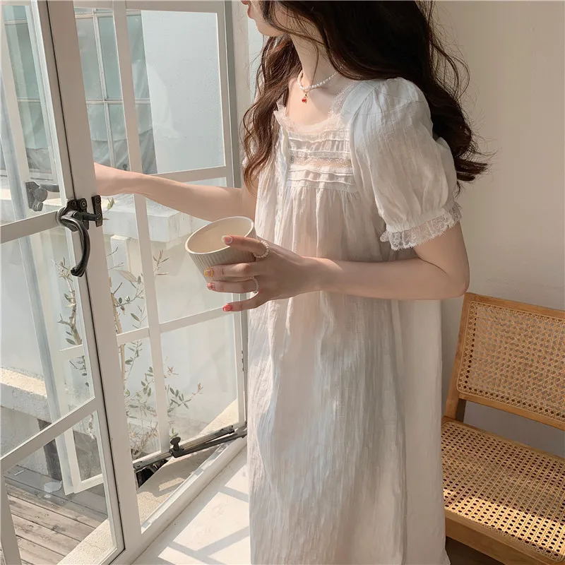 2022 Summer Pajamas for Women Cotton Night Gown Korean Style Loungewear Maxi Dresses Vintage Nightgowns Woman Sleep Dress Female