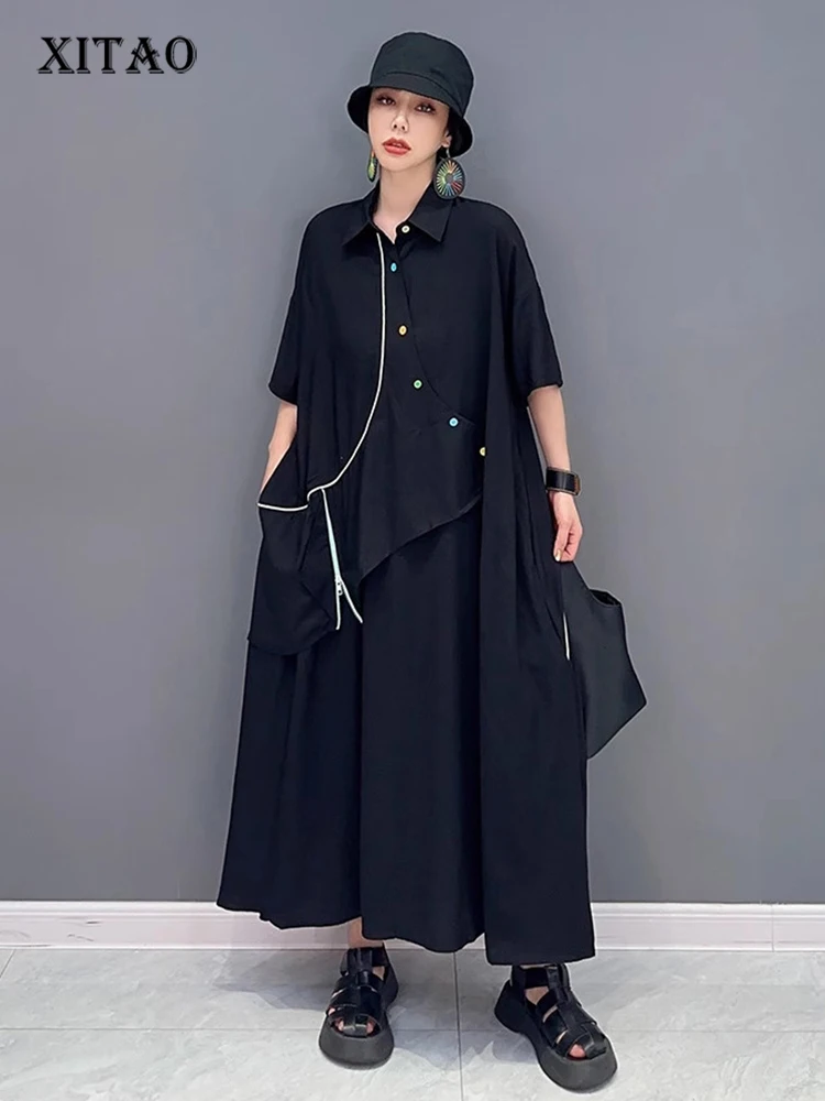 XITAO Black Casual Dress Personality Patchwork 2023 Women Summer New Arrival Loose Appear Thin Fake Two Pieces Dress HQQ0716