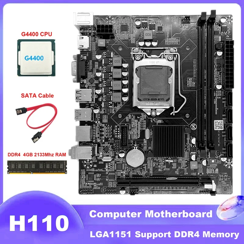

H110 Computer Motherboard LGA1151 Supports Celeron G3900 G3930 Series CPU With G4400 CPU+DDR4 4GB 2133Mhz RAM+SATA Cable