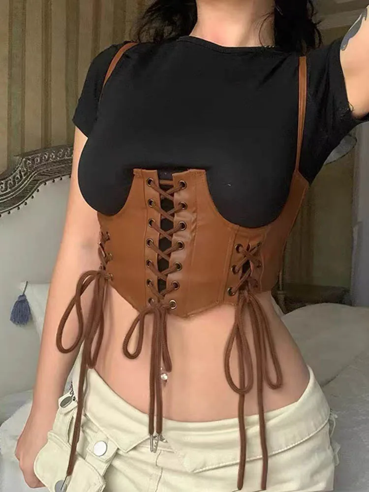 Sexy PU Leather Crop Top Corset Belt Punk Tank Top Women Lace-Up Bandage Wide Waist Belt Gothic Bustier Shapewear Streetwear