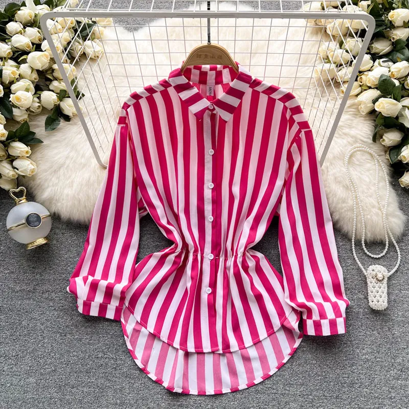 

Женская рубашка с длинным рукавом, Асимметричная рубашка в Вертикальную Полоску, весна 2022