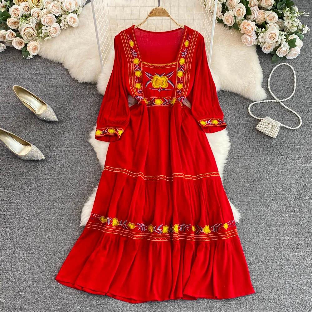 

Богемное платье трапециевидной формы в этническом стиле с квадратным вырезом и вышивкой, пышное тонкое платье с длинными рукавами на талии