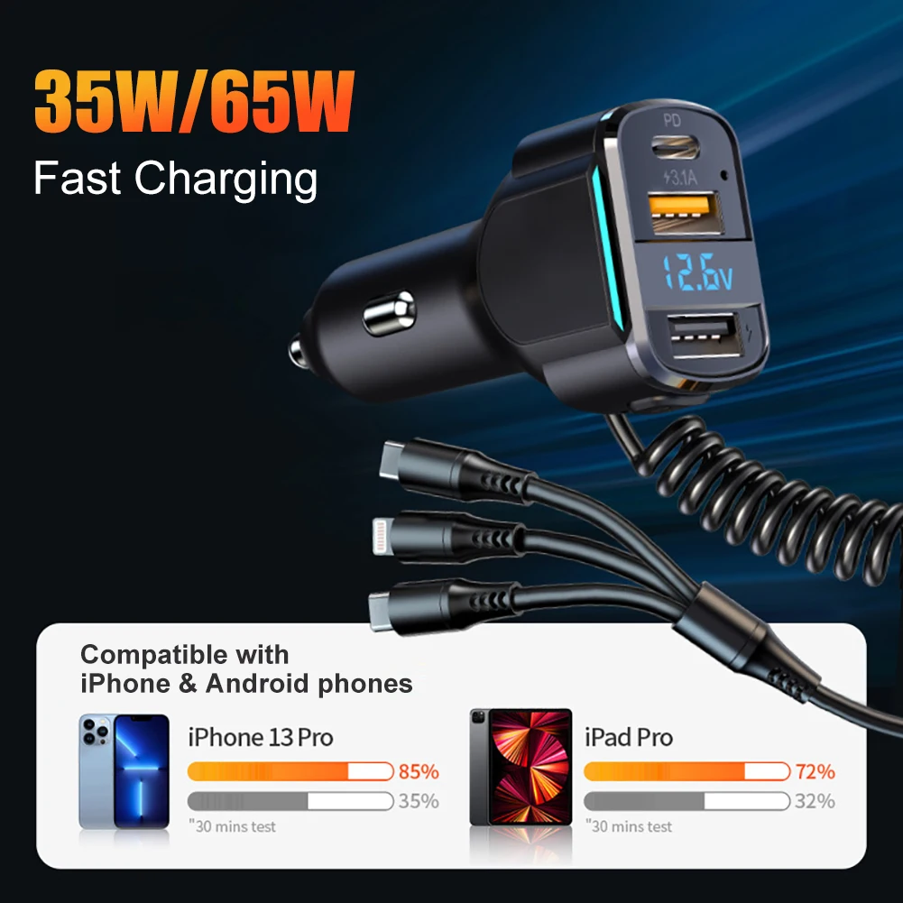 

Car Charger Dual USB Fast Charging 65W 5V/3.1A Lighter Charging Adapter With Light For IPhone 12/13/14 Samsung Xiaomi Huawei