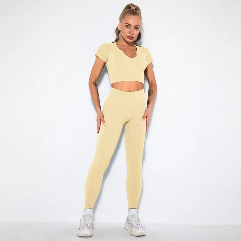 New 2023 Seamless Women Solid  Yoga Set Female Short Sleeveless Sports Bra Long Fitness Pants High Waist Leggings Sports Suits