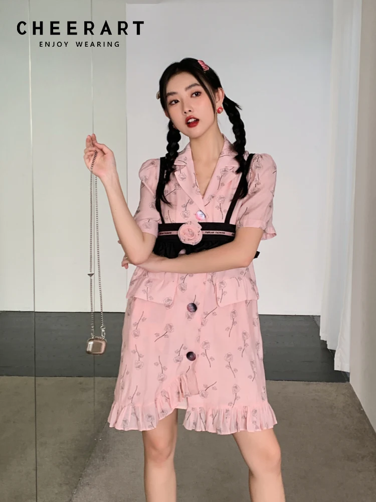 

CHEERART Pink Puff Sleeve Ruffles Blazer Dress For Women 2023 Summer Button Up Floral Short Dress Korean Fashion Clothing