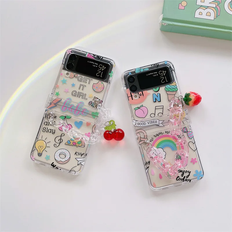 

Cartoon Fruits Chains Pendant Phone Case for Samsung Galaxy Z Flip 3 Z Flip 4 Hard PC Back Cover for ZFlip3 ZFlip4 Case Shell