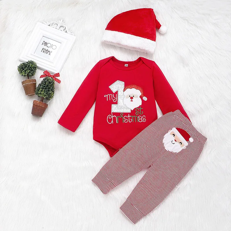 

HAYANA Christmas Baby Clothes Bodysuit Set Infant Santa Long Sleeve Top Striped Pants Santa Hat 3pcs 0-1Y