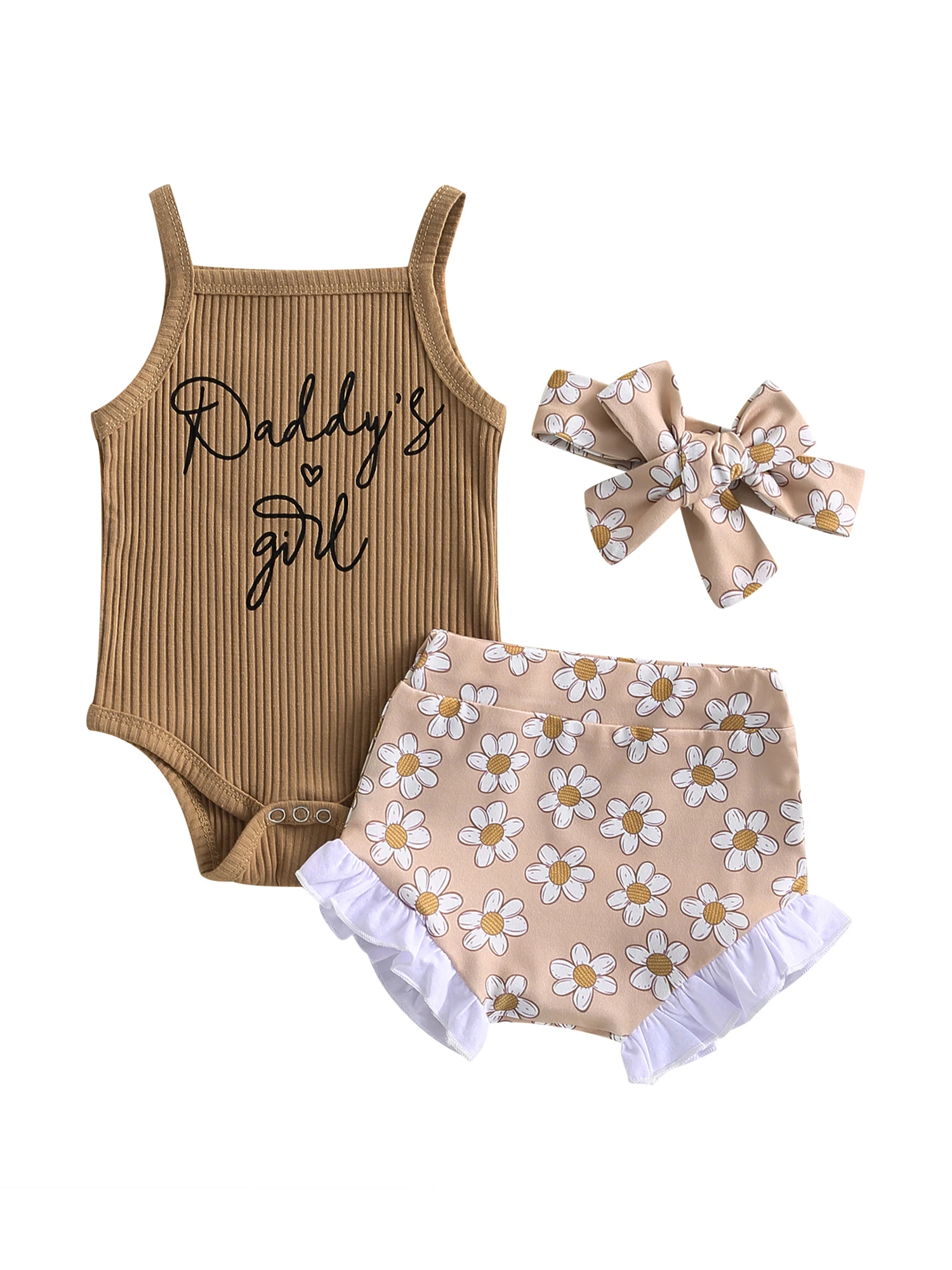 Newborn Baby Girl Outfits Letter Print Knit Ribbed Romper and Floral Bloomer Print Shorts Headband Cute Outfit