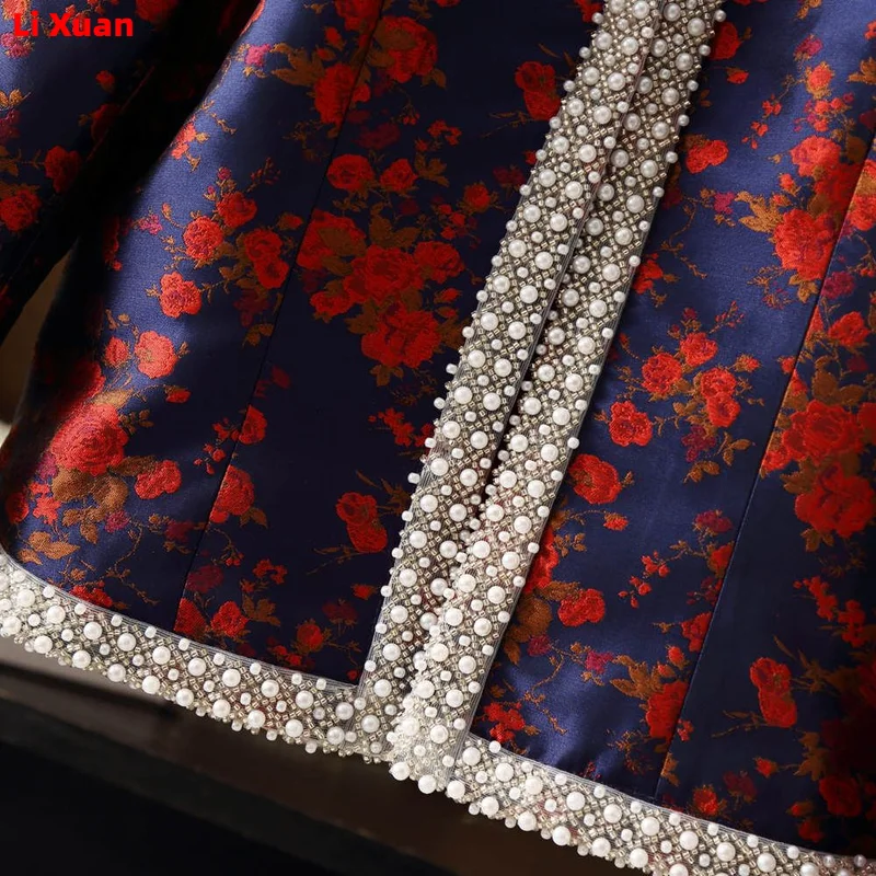 Quality Elegant Spring Autumn Brocade Short Flower Beaded Coat Round Neck Slim Fit Collarless Jacket Blazer Small Fragrance Top