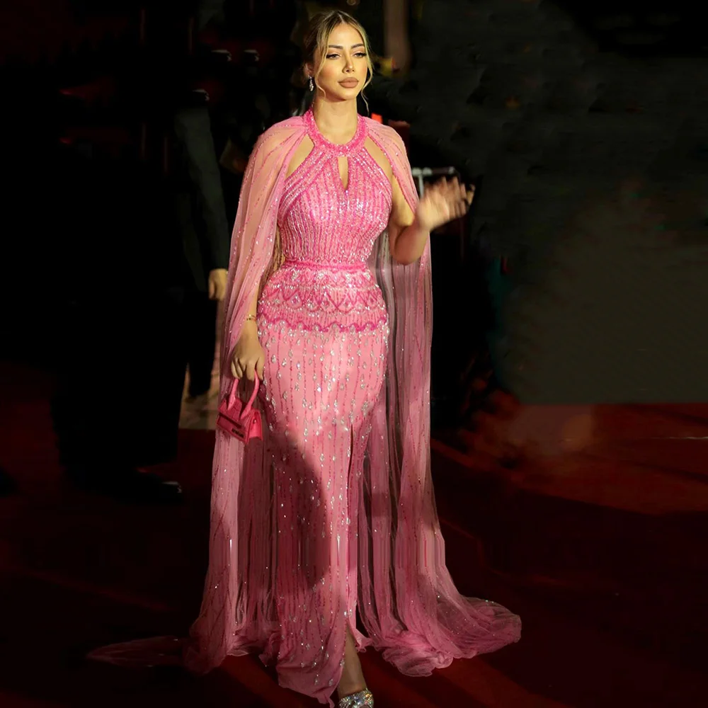 

Роскошные блестящие розовые вечерние платья с юбкой-годе Каролины Дубая с рукавами-накидками 2023 арабские женские деловые платья для гостей...
