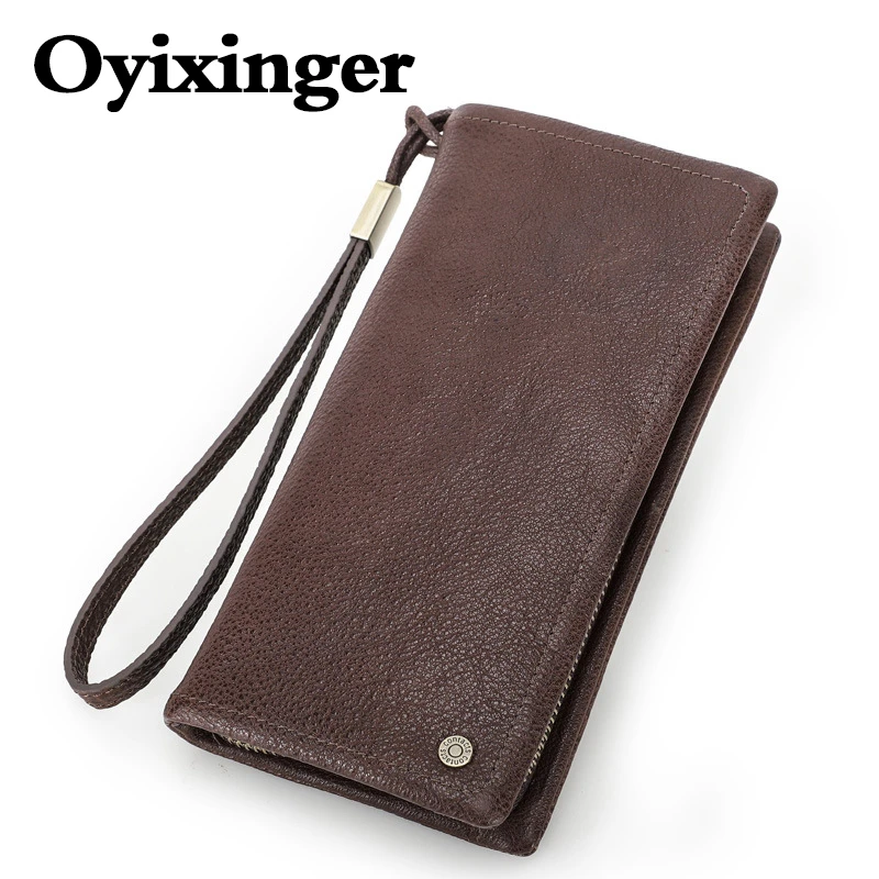 

OYIXINGER Genuine Leather Men's Clutch Bag For Male Cowhide Casual Wallet With Wristband Long Foldable Wallets RFID Anti-theft