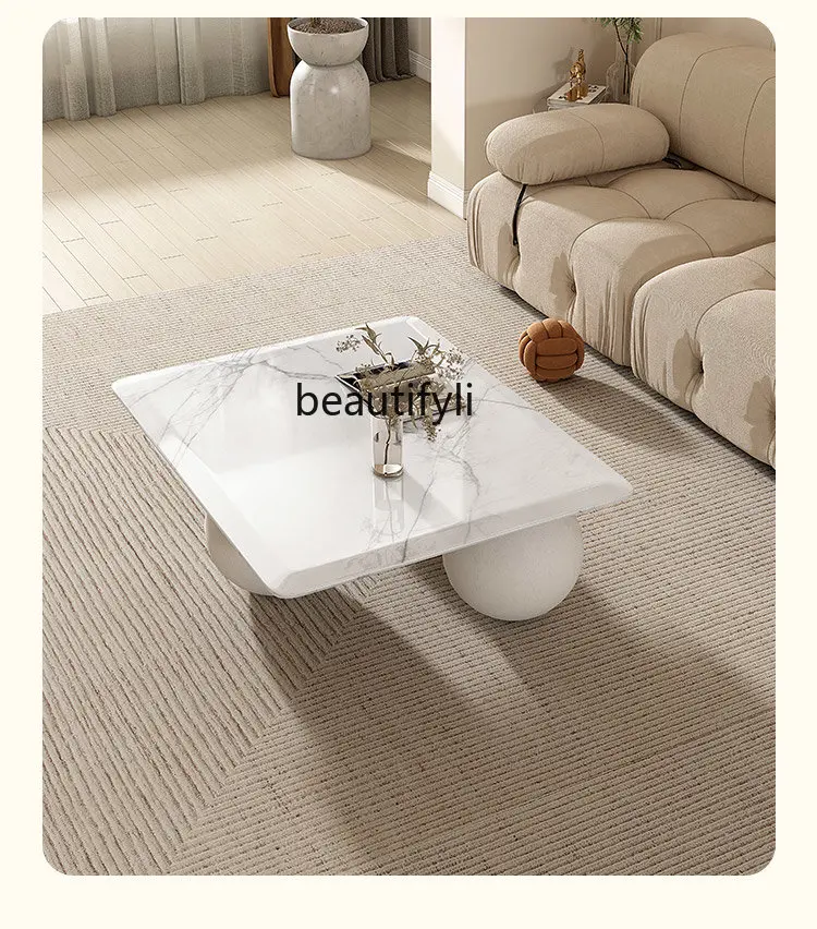 Cream Style Natural Marble Tea Table Silent Small Apartment Modern Simple Solid Wood | Coffee Tables