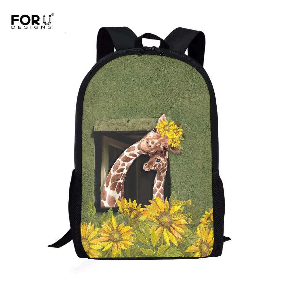 

FORUDESIGNS Cute Oil Painting Giraffe Design 16 Inch School Backpack with Pockets for Children Teen Girl Casual Laptop Backpack