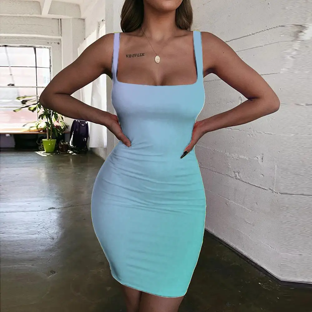 

Giyu Color Dress Women Blue-violet Halter Sleeveless Personality Bodycon Dress Womens Clothing Club Short Beach High Quality