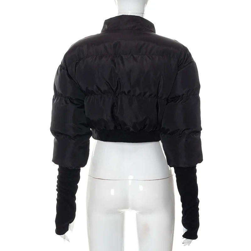 Sunny Winter Black Cropped Zip Solid Color Wth Pocket Paneled Long Sleeves Coat Women Clothes Puffer Jacket Women Parkas 2022